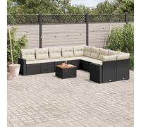 RMIHSJG 11-TLG. - Set divano da giardino con cuscino, in rattan sintetico, 4 cuscini, 2 cuscini per schienale, 1 tavolo, 1 divano, 2 poltrone, sgabelli, in rattan sintetico, set da giardino con legno