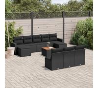RMIHSJG 11-TLG. - Set divano da giardino con cuscino, in rattan sintetico, 4 cuscini, 6 cuscini per schienale, set di mobili in rattan sintetico con tavolo in legno di acacia, per esterni