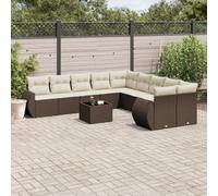 RMIHSJG 11-TLG. Set divano da giardino con cuscino, marrone, polyrattan, 4 cuscini e tavolo con piano in vetro per terrazza, set di mobili in rattan sintetico con rivestimenti lavabili, design