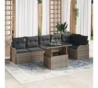 RMIHSJG 7 pezzi Set divano da giardino con cuscino grigio polyrattan, set di mobili da esterno a 6 posti con disposizione modulare e piano in vetro integrato per atmosfera lounge,