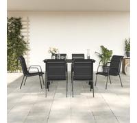RMIHSJG 7-TLG. Gruppo da giardino in acciaio nero e textilene con struttura in acciaio verniciato a polvere e piano in vetro temperato, mobili da esterno resistenti alle intemperie per terrazza