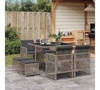 RMIHSJG 9 pezzi Set da pranzo da giardino con cuscino grigio polyrattan, 4 sedie e 2 sgabelli con schienale pieghevole, tavolo con piano in vetro temperato, mobili in rattan PE resistente alle