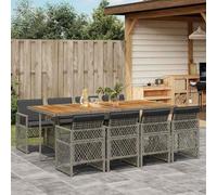 RMIHSJG 9 pezzi Set da pranzo da giardino con cuscino grigio polyrattan, sedie pieghevoli con piano in legno di acacia e rivestimenti lavabili per terrazze, mobili da giardino con risparmio di spazio