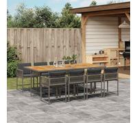 RMIHSJG 9 pezzi Set da pranzo da giardino con cuscino grigio polyrattan, sedie pieghevoli con rivestimenti lavabili e piano in legno di acacia per terrazza, mobili per esterni durevoli con risparmio
