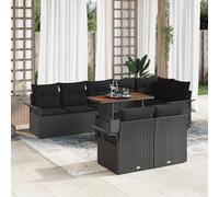 RMIHSJG 9 pezzi Set da pranzo da giardino con cuscino nero polyrattan acacia set da 9 pezzi con spazio e cuscino esterno, tavolo da pranzo rettangolare per un massimo di otto persone, resistente alle