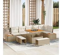 RMIHSJG 9 pezzi Set Divano da Giardino con Cuscino Beige Poly Rattan Acacia, 6 Posti, Design Modulare, Materiali Resistente alle intemperie, Costruzione Robusta, Comodo Lusso Salvaspazio