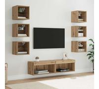 RMIHSJG Armadio TV montato a parete con strisce luminose a LED, 8 pezzi in rovere artisano, moderno materiale in legno e ripiani in vetro per dispositivi home entertainment, montaggio a parete