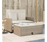 RMIHSJG Divano da giardino 2 posti beige polyrattan con cuscino e sgabello, divano esterno in rattan PE con schienale regolabile e vano portaoggetti, impermeabile e facile da pulire, per terrazze
