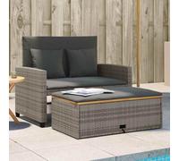 RMIHSJG Divano da giardino 2 posti grigio polyrattan legno di acacia con cuscino e sgabello come divano letto, resistente alle intemperie, con spazio di archiviazione e schienale regolabile per