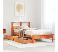 RMIHSJG Letto in legno massello con libreria e rete a doghe senza materasso, marrone cera, 90 x 200 cm, con cassetto sotto il letto, robusto telaio in legno di pino per una circolazione ottimale