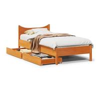 RMIHSJG Letto in legno massiccio con cassetti, marrone cera, 100 x 200 cm, rete a doghe in pino e due ampi cassetti sotto il letto per un uso ottimale dello spazio di archiviazione