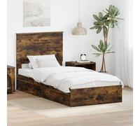 RMIHSJG Letto portaoggetti in rovere affumicato, 90 x 200 cm, in legno con rete a doghe e due cassetti integrati per riporre in modo intelligente e rifugio organizzato