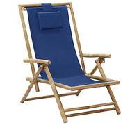RMIHSJG Sedia relax regolabile in bambù con rivestimento in tessuto e cuscino blu navy, schienale regolabile in 4 posizioni, pieghevole per risparmiare spazio, sedia da giardino con altezza