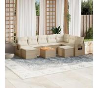 RMIHSJG Set da 10 pezzi di divano da giardino con cuscino, beige, polyrattan, intrecciato, in polietilene, impermeabile, pieghevole, con molle a gas, design modulare, in legno di acacia