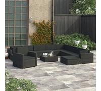 RMIHSJG Set da 12 pezzi da giardino con cuscini in polyrattan nero, 3 divani ad angolo, 5 pezzi centrali, 1 poltrona, 2 pouf, 1 tavolo da tè, 11 imbottiti, 12 cuscini per schienale