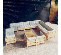RMIHSJG Set da 13 pezzi da giardino in legno di pino massiccio con cuscino crema, robusto per il relax e la convivialità, design modulare, resistente alle intemperie per esterni