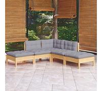 RMIHSJG Set da 5 pezzi da giardino in legno di pino con cuscino grigio, robusto mobili da terrazza per relax e socializzazione, in legno resistente alle intemperie, con comoda imbottitura,