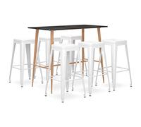 RMIHSJG Set da 7 pezzi da bar in bianco e nero con design moderno per bar, pub o ristorante, robusto tavolo in MDF e stabile sgabello in metallo, impilabile e salvaspazio, contemporaneo