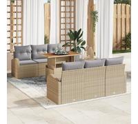 RMIHSJG Set da 7 pezzi da giardino con 6 cuscini beige in rattan sintetico e legno di acacia, mobili da esterno resistente alle intemperie per terrazza e balcone dal design elegante e pratico