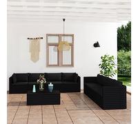 RMIHSJG Set da 9 pezzi da giardino con cuscino in rattan PE di colore nero, con tavolino da caffè con piano in vetro temperato, resistente alle intemperie e modulare per un posizionamento flessibile