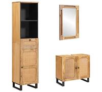 RMIHSJG Set da bagno con cassetti, 3 pezzi, in legno massello naturale, mango, mobiletto per lavabo a specchio, design moderno