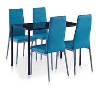RMIHSJG Set da pranzo blu con tavolo in vetro temperato e sedie in similpelle, moderno 4 sedie e 1 tavolo per sala da pranzo, design sottile, comoda imbottitura, set da pranzo