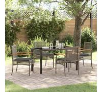 RMIHSJG Set da pranzo da giardino, 5 pezzi, grigio in rattan sintetico, con legno di acacia e piano in vetro nero, per terrazza, sala da pranzo moderna per esterni, durevole ed elegante, set completo
