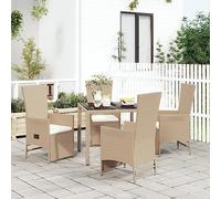 RMIHSJG Set da pranzo da giardino con cuscino, beige, in polyrattan, resistente alle intemperie, con rivestimento a polvere e funzione sdraio, 5 pezzi