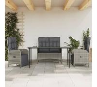 RMIHSJG Set da pranzo da giardino con cuscino, grigio, in polyrattan, per esterni, con funzione reclinabile e piano in vetro. Godetevi il vostro pasto all'aperto con questo elegante set da 4 pezzi.