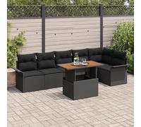 RMIHSJG Set da pranzo da giardino con cuscino, nero, in polyrattan di acacacia, resistente alle intemperie, con spazio per terrazza e balcone. Questo set da 7 pezzi da giardino in nero