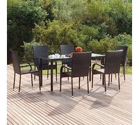 RMIHSJG Set da pranzo da giardino in polyrattan nero con telaio in acciaio e piano in vetro temperato per terrazza e balcone. Questo tavolo da giardino da 7 pezzi e le sedie abbinate sono di colore