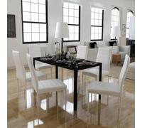 RMIHSJG Set da pranzo in bianco e nero con piano in vetro temperato e sedie in similpelle, 1 tavolo e 6 sedie per sala da pranzo moderna, mobili eleganti per soggiorno,