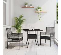 RMIHSJG Set da pranzo moderno da giardino, 3 pezzi, nero, in rattan sintetico, con tavolo da pranzo e sedie per terrazza, resistente ai raggi UV, con piano in vetro temperato e comodo