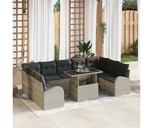 RMIHSJG Set di 10 divani da giardino con cuscino grigio chiaro in polyrattan, mobili da salotto da esterno con piedini regolabili e tavolino da caffè coordinato per terrazzo balcone giardino