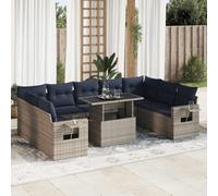 RMIHSJG Set di 10 divani da giardino con cuscino, grigio polyrattan, in acacacia, design modulare con vano portaoggetti e ripiano pieghevole, resistente alle intemperie, per esterni