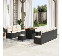 RMIHSJG Set di 10 divani da giardino con cuscino, nero, in polyrattan, in acacacia, 6 posti, resistente alle intemperie, per terrazza e balcone, comoda imbottitura, piedini regolabili,
