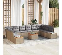 RMIHSJG Set di 11 divani da giardino con cuscino, beige, polyrattan, acacacia, mobili modulari per esterni, per balcone, giardino, patio, robusto rattan intrecciato a mano, 10 morbidi cuscinetti a