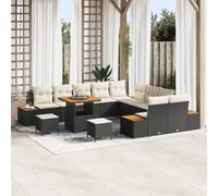 RMIHSJG Set di 13 divani da giardino con cuscino, nero, in polyrattan, in acacacia, per 6 persone, modulare per esterni, con cuscino bianco crema e robusto telaio in acciaio, resistente alle