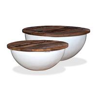 RMIHSJG Set di 2 Tavolini da Caffè in Legno Massello Riciclato Bianco con Base in Acciaio a Forma di Coppa, Design Industriale Unico, Piano Solido e Vano Portaoggetti Nascosto,