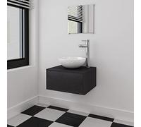 RMIHSJG Set di 3 mobili da bagno con lavabo nero, lavabo da parete, specchio e lavandino in legno e ceramica per bagno moderno, incluso scarico pop-up