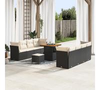 RMIHSJG Set di 4 divani esterni in nero con cuscino bianco crema in polyrattan e acacia - Set modulare da giardino con piedini regolabili per terrazza e balcone