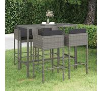 RMIHSJG Set di 5 bar da giardino con cuscino in polyrattan grigio, resistente alle intemperie, con struttura in acciaio verniciato a polvere e piano in vetro temperato per terrazze