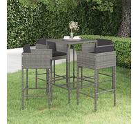 RMIHSJG Set di 5 bar da giardino con cuscino in polyrattan grigio, resistente alle intemperie e impermeabile, con struttura in acciaio verniciato a polvere e piano in vetro temperato, incluso