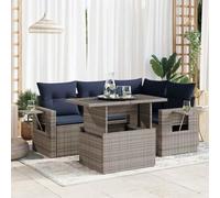 RMIHSJG Set di 5 divani da giardino con cuscino in polyrattan grigio acacacia, design modulare con vano portaoggetti e sacchetto impermeabile, ripiano pieghevole con molla a gas, rivestimenti