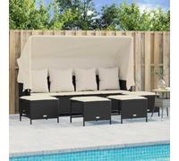 RMIHSJG Set di 5 divani da giardino con cuscino in polyrattan nero, schienale e poggiapiedi regolabili, tettuccio parasole allungabile, resistente alle intemperie, in rattan sintetico PE per terrazze