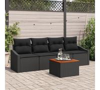 RMIHSJG Set di 5 divani da giardino con cuscino nero in rattan di acacia impermeabile e resistente alle intemperie, per esterni, con due centrotavola, due divani a braccio e uno