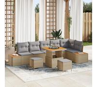 RMIHSJG Set di 6 divani da giardino con cuscino, beige, polyrattan, in acacacia, per 6 persone, con rivestimenti rimovibili, in polyrattan resistente alle intemperie, per terrazze e balconi