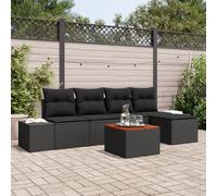 RMIHSJG Set di 6 divani da giardino con cuscino, colore nero, in polyrattan, in acacacia, per 6 persone, resistente alle intemperie, per terrazze, balconi, giardini