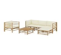 RMIHSJG Set di 6 mobili da giardino in bambù con cuscino bianco panna, mobili da esterno robusti per il relax, design modulare, rivestimenti rimovibili, facile da pulire e cambiare