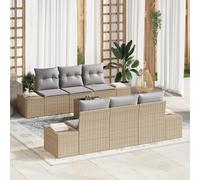 RMIHSJG Set di 7 divani da giardino con cuscino, beige, in polyrattan, per 6 persone, per esterni, resistente alle intemperie, per terrazza e giardino, design modulare, accenti grigi, peluche